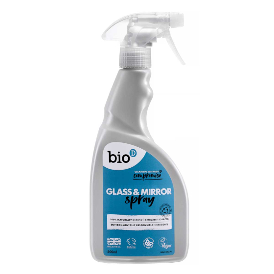 Bio-D natural eco friendly streak free glass and mirror cleaner in a 500ml spray bottle