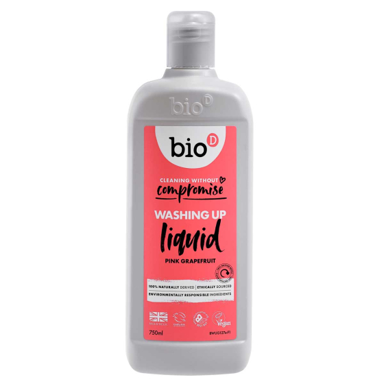 Bio-D vegan friendly Pink Grapefruit scented Washing Up Liquid in a 750ml bottle pictured on a plain white background