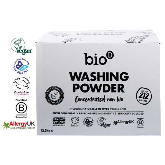 Box of Bio-D washing non-bio concentrated washing powder 12.5kg on a white background