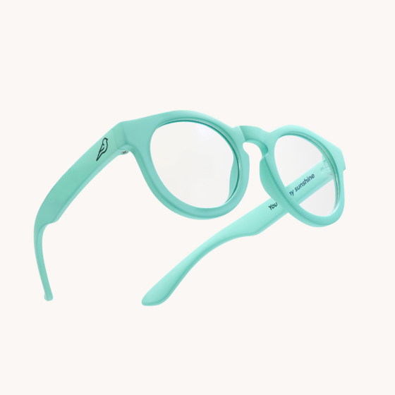Bird eyewear childrens plant-based blue light screen glasses in the sky blue colour on a cream background