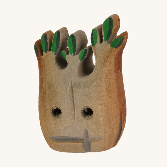 Bumbu Handmade Wooden Spooky Tree Toy - Small. A small spooky tree, hand painted and hand crafted with a brown trunk and green leaves at the top, on a cream background