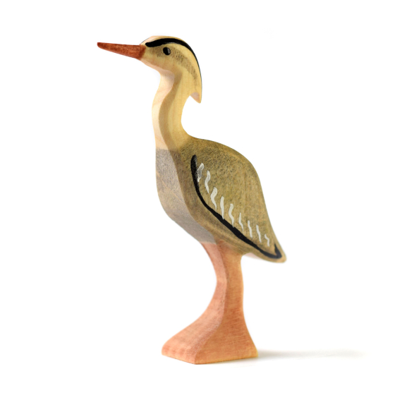 Bumbu eco-friendly handmade wooden grey heron animal figure stood on a white background
