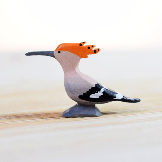 Close up of the Bumbu eco-friendly solid wooden Hoopoe bird toy on a white background