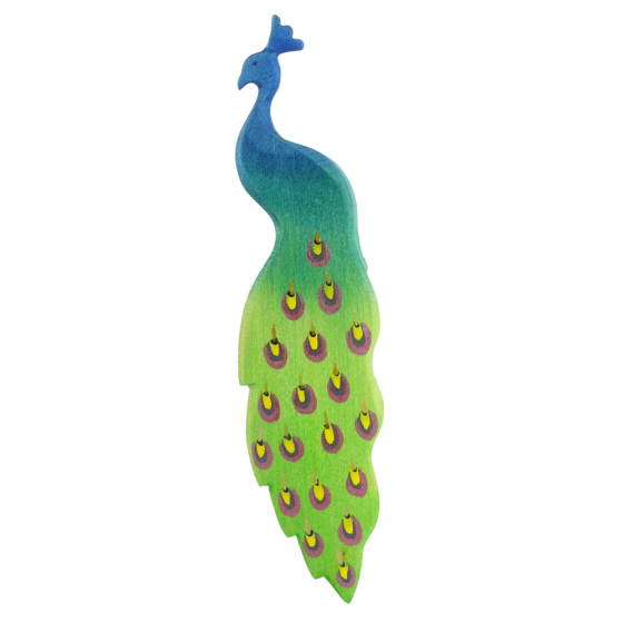 Bumbu hand carved wooden peacock toy figure on a white background