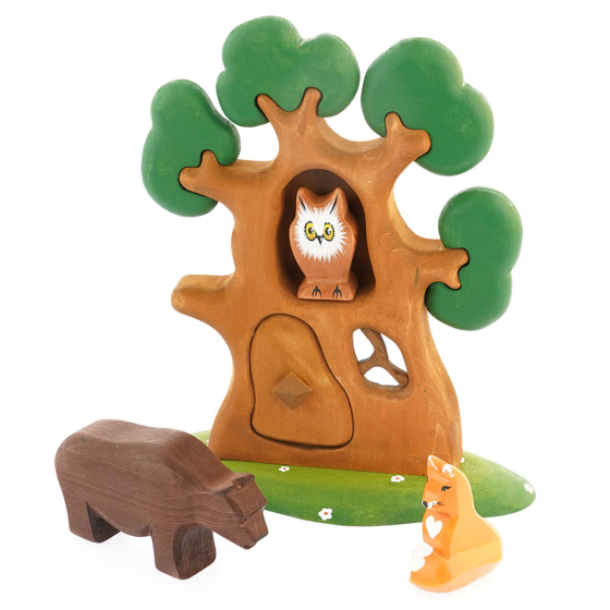 Bumbu the bear and the fox wooden slotting toy tree set on a white background