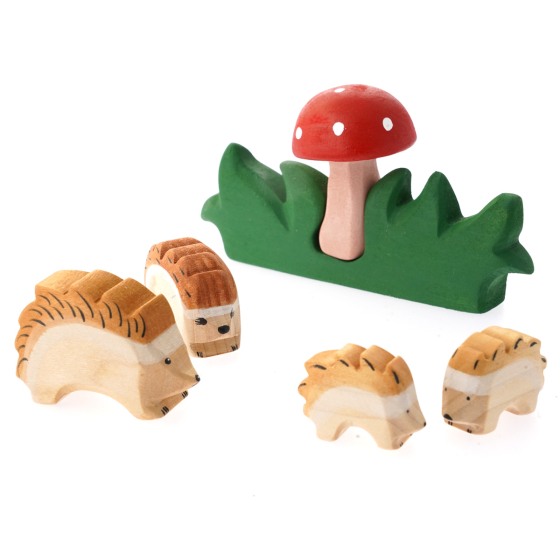 Bumbu kids handmade wooden mushroom and hedgehog toy figures stood on a white background