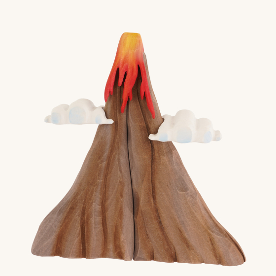 Bumbu Wooden Volcano Set. A magnificent hand crafted and hand painted wooden volcano with removable lava and clouds, on a cream background