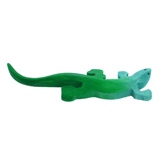 Bumbu handmade blue and green wooden lizard toy on a white background