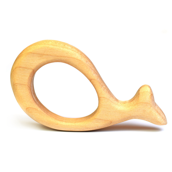 Bumbu eco-friendly wooden whale baby teething toy on a white background