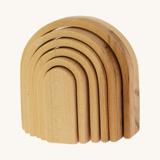 Bumbu Natural Wooden Stacking Arches Play Set. Hand crafted Wooden Arches in natural wood-grain on a cream background