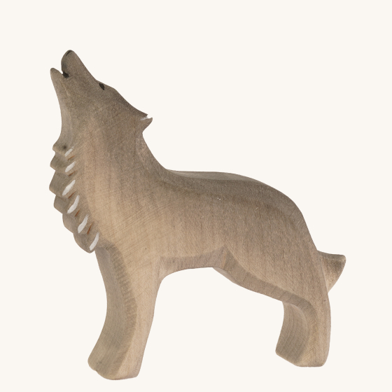 Bumbu Wooden Animal Toy - Howling Wolf, hand crafted and hand painted standing wolf on a cream background