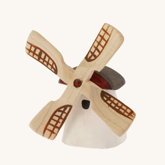 Bumbu Miniature Wooden Moldova Windmill. A traditional wooden windmill hand crafted and hand painted figure with white walls and a light brown roof and four turning fan blades
