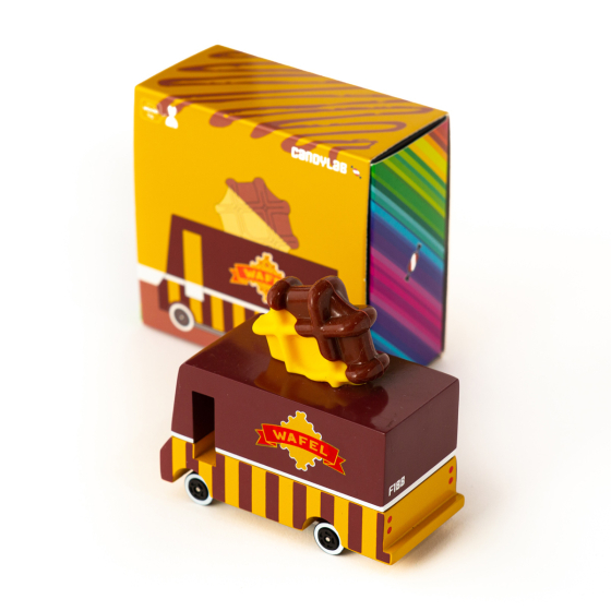 Candylab handmade waffle truck toy on a white background next to its cardboard packaging