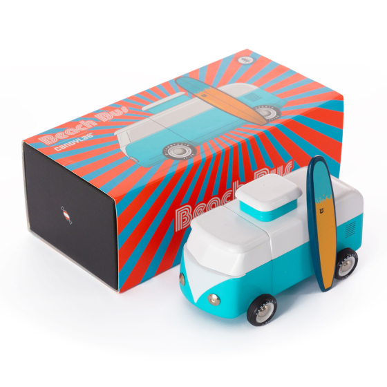 Candylab kids wooden blue campervan toy with a magnetic surfboard, on a white background next to its box