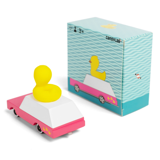 Candylab kids wooden Duckie Wagon toy car on a white background next to its box