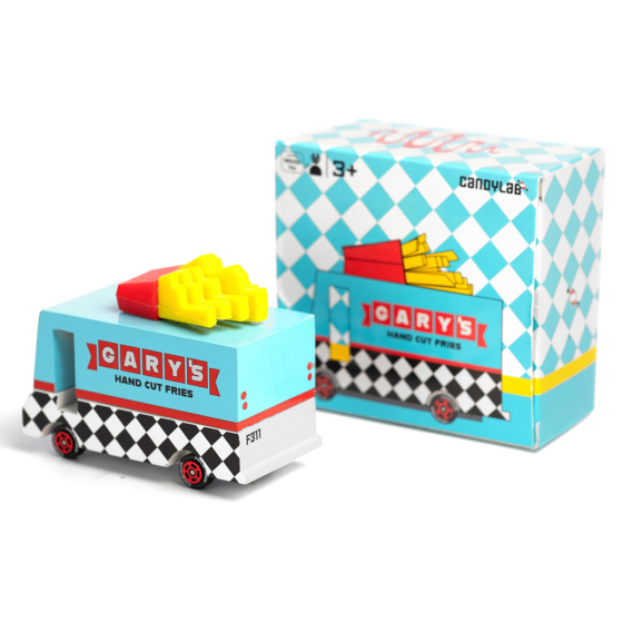 Candylab kids wooden French Fry van toy on a white background next to its box