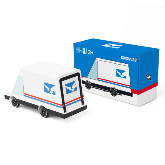 Candylab kids white futuristic mail van toy on a white background next to its box