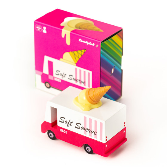 Candylab solid wooden ice cream van toy on a white background next to its cardboard packaging
