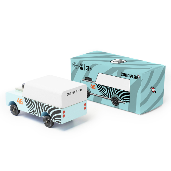 Candylab kids wooden mini zebra drifter toy car on a white background next to its blue box