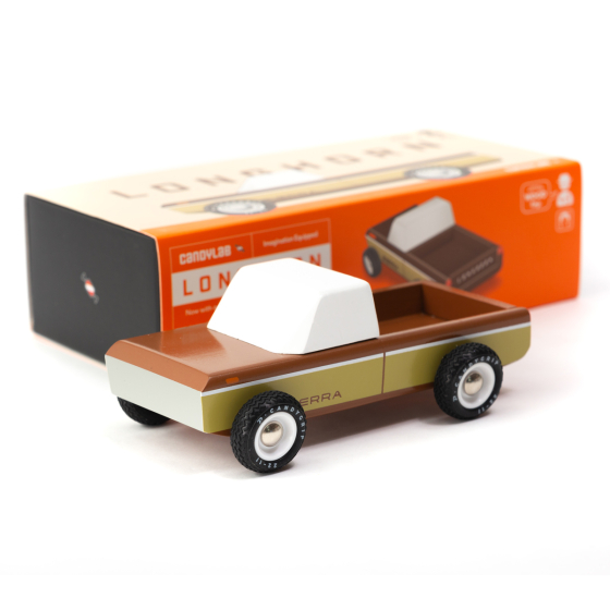 Candylab kids wooden sierra longhorn car toy on a white background next to its box