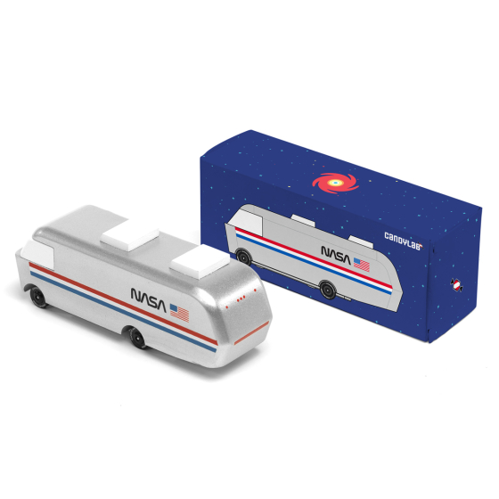 Candylab wooden NASA astrovan toy on a white background next to its box
