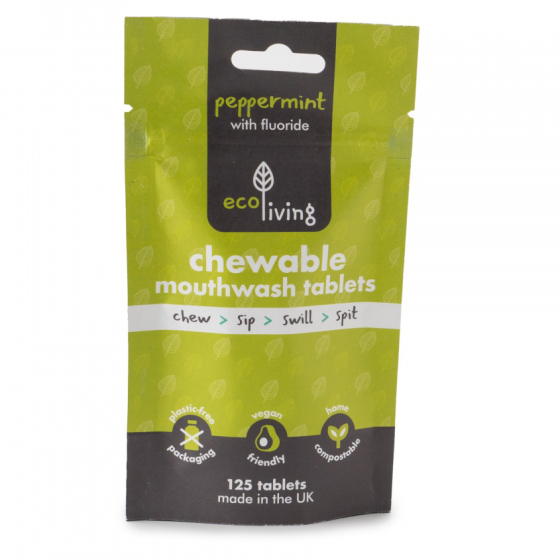 Picture of Ecoliving chewable mouthwash tablets in green packaging.