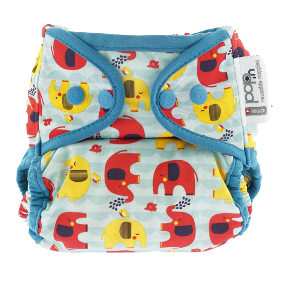 Front of a close babipur elephant reusable popper nappy on a white background