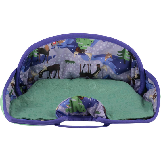 Pop-in Moose purple seat protector with moose and chickens and green fleece on white background