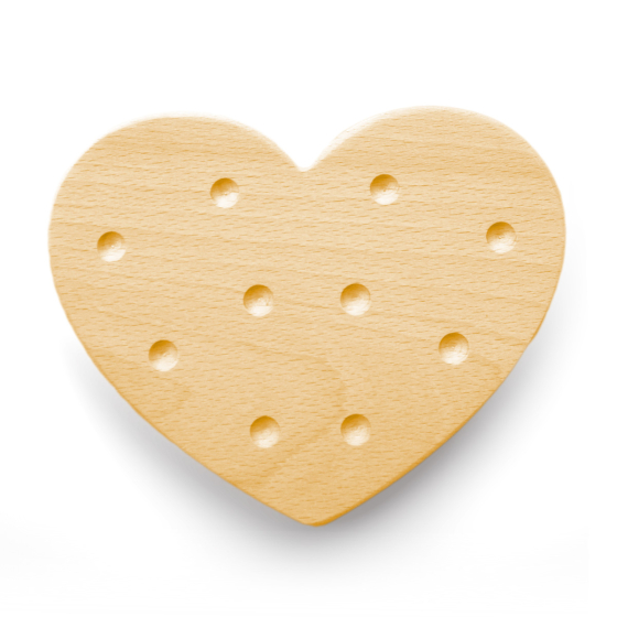 The Coach House Heart Fine Motor Board is a heart shaped wooden beechwood board with indents to place beads, pompoms or other small loose parts. White background. 
