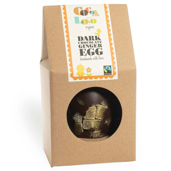 Cocoa loco eco-friendly fairtrade dark chocolate and ginger easter egg on a white background