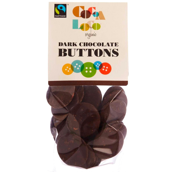 Cocoa Loco organic Fairtrade dark chocolate buttons on a white background