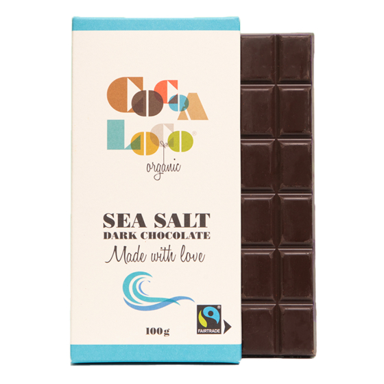 Cocoa Loco organic Fairtrade dark chocolate sea salt bar next to its wrapper on a white background
