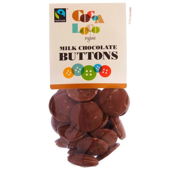 Cocoa Loco Fairtrade milk chocolate buttons on a white background