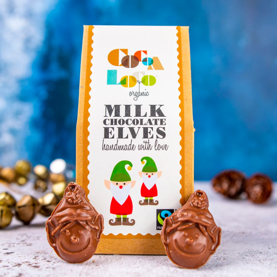 2 Cocoa Loco milk chocolate Christmas elves leaning against their cardboard box on a blue and white background