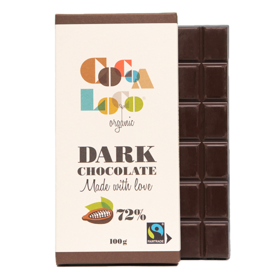 Cocoa Loco organic Fairtrade dark chocolate bar next to its wrapper on a white background