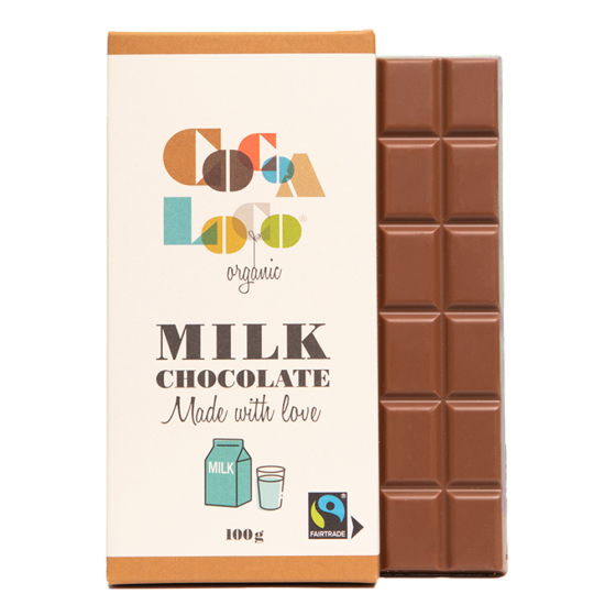 Cocoa Loco organic Fairtrade milk chocolate bar next to its wrapper on a white background