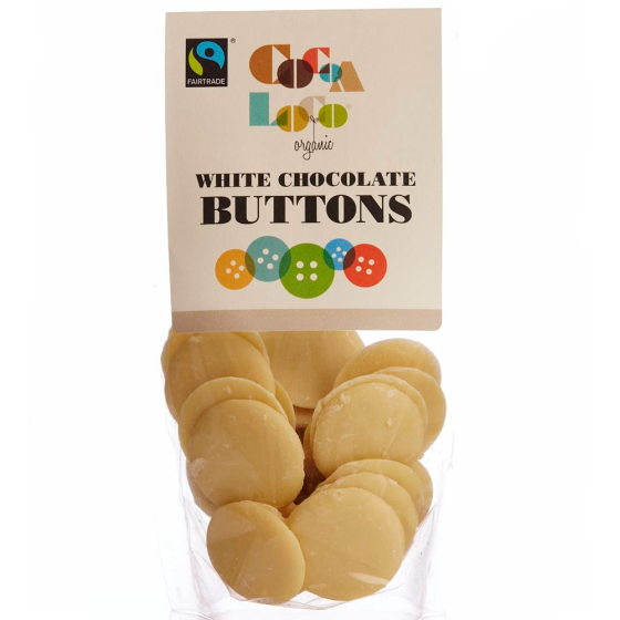 Cocoa Loco organic Fairtrade white chocolate buttons on a white background