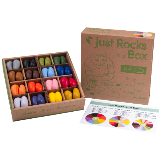 Crayon Rocks box of 64 soy wax crayons in 16 colours on a white background