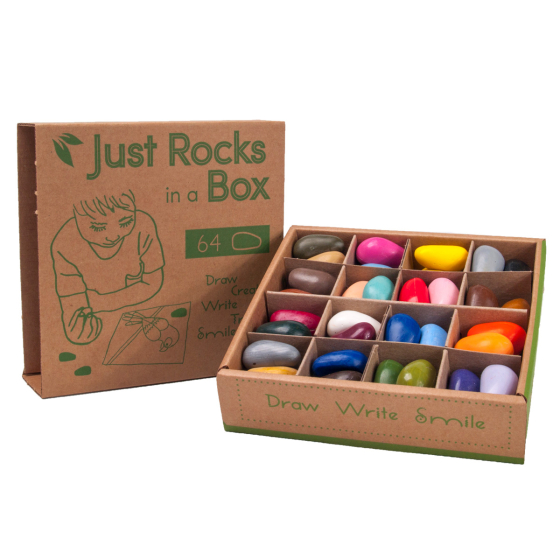Box of 64 Crayon Rocks in 32 colours on a white background
