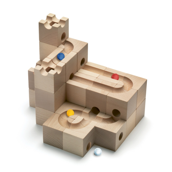 Cuboro Standard 32-piece wooden marble run building blocks stacked on a white background