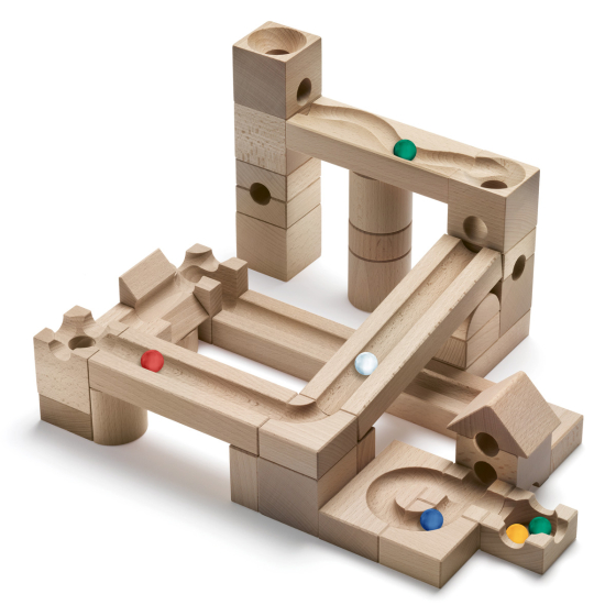 Cuboro wooden marble run junior set built into a geometric marble run on a white background