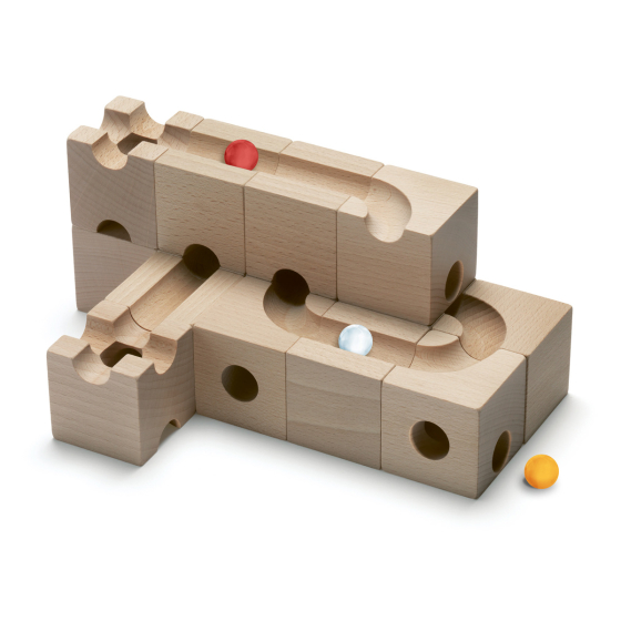 Cuboro children's pro wooden marble run toy blocks stacked on a white background