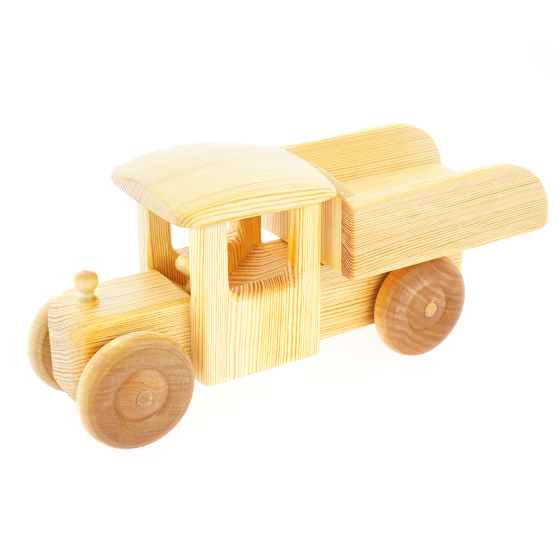 Debresk handmade birch wood dump truck toy on a white background