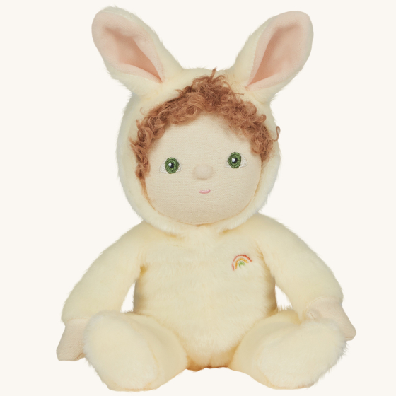 Olli Ella Dinky Dinkum Doll Fluffles - Babbit Bunny, wearing a fluffy cream all in one with fluffy bunny ears, on a  cream background
