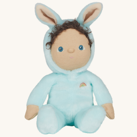Olli Ella Dinky Dinkum Doll Fluffles - Basil Bunny, wearing a fluffy light blue all in one with fluffy bunny ears, on a  cream background