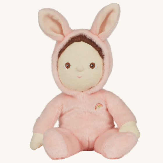 Olli Ella Dinky Dinkum Doll Fluffles - Bella Bunny, wearing a fluffy pink all in one with fluffy bunny ears, on a  cream background