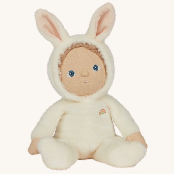 Olli Ella Dinky Dinkum Doll Fluffles - Bobbin Bunny, wearing a fluffy cream all in one with fluffy bunny ears, on a  cream background