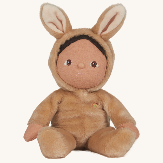 Olli Ella Dinky Dinkum Doll Fluffles - Bucky Bunny, wearing a fluffy light brown all in one with fluffy bunny ears, on a  cream background