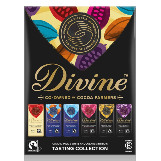 Divine Fairtrade Chocolate Tasting Set, with 12 dark, milk and white chocolate mini bars, in its packaging, on a white background
