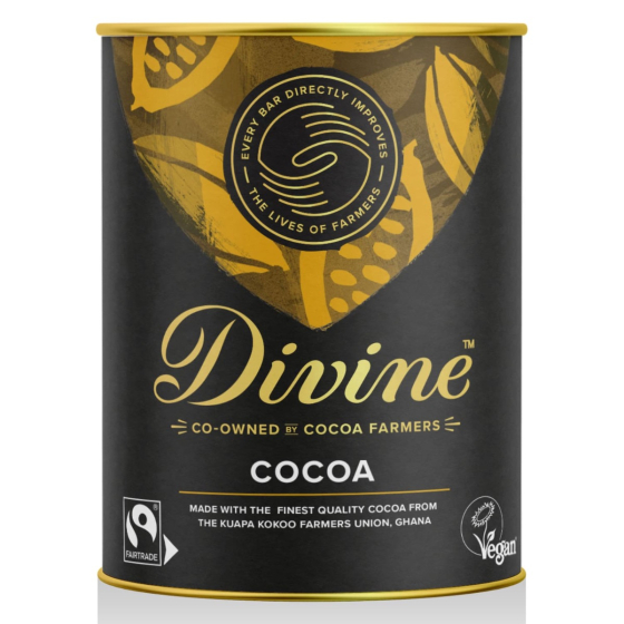 Divine Fairtrade Cocoa Powder, 125g tub on white background.